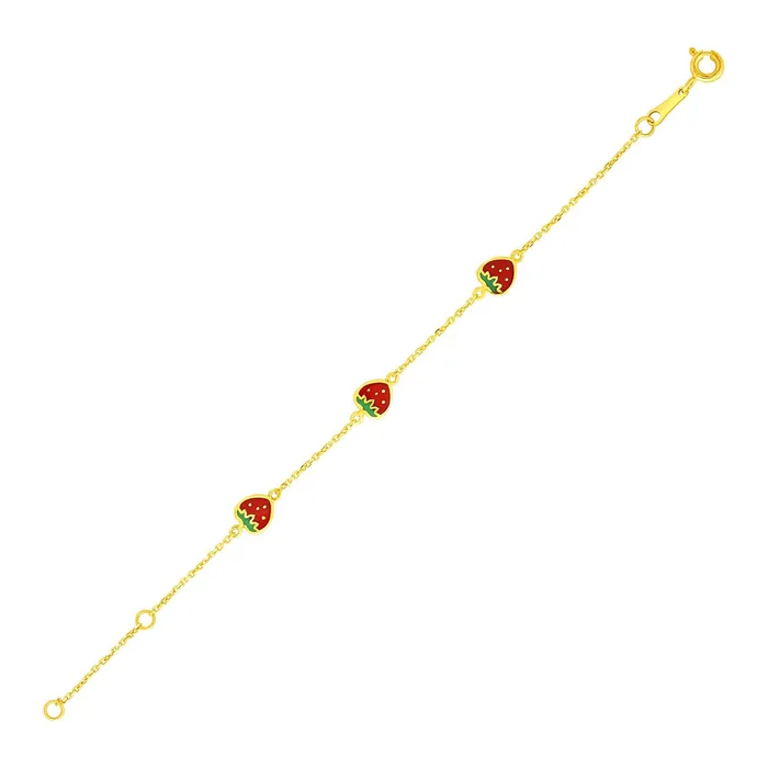 Bracelets MayaMila 14k Yellow Gold 5 12 inch Childrens Bracelet with Enameled Strawberries Bracelets MayaMila 14k Yellow Gold 5 12 inch Childrens Bracelet with Enameled Strawberries