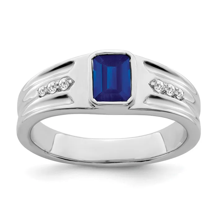 14k White Gold Sapphire and Real Diamond Mens Ring Goldia Rings