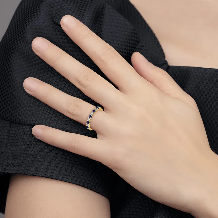 14k Yellow Gold 78 Ct Lab Grown Diamond VSSI G and Lab Created Blue Sapphire Eternity Band Ring Goldia Rings