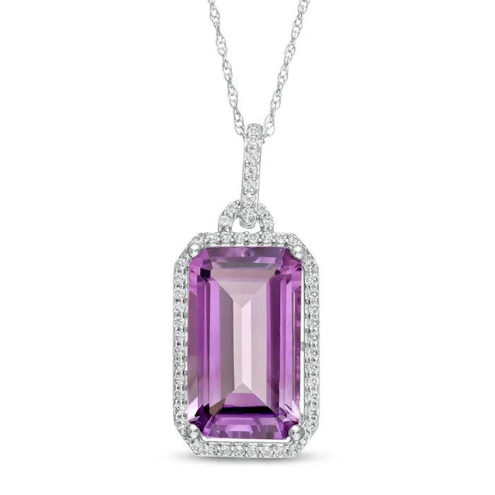 Elongated EmeraldCut Amethyst and White Topaz Frame Doorknocker Pendant in Sterling Silver Goldia Necklaces Elongated EmeraldCut Amethyst and White Topaz Frame Doorknocker Pendant in Sterling Silver Goldia Necklaces