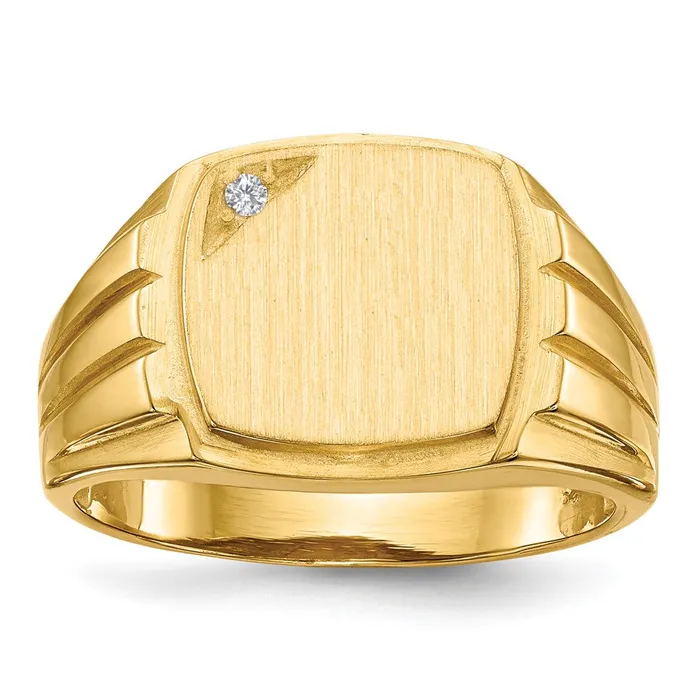 Goldiacom Rings 14K Yellow Gold 115x120mm Grooved Sides Open Back A Real Diamond Mens Signet Ring Goldiacom Rings 14K Yellow Gold 115x120mm Grooved Sides Open Back A Real Diamond Mens Signet Ring