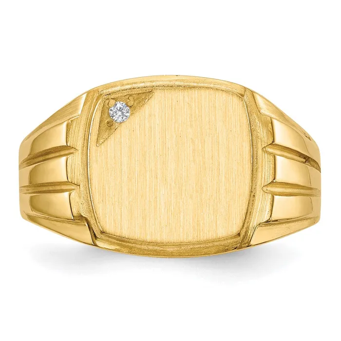 Goldiacom Rings 14K Yellow Gold 115x120mm Grooved Sides Open Back A Real Diamond Mens Signet Ring