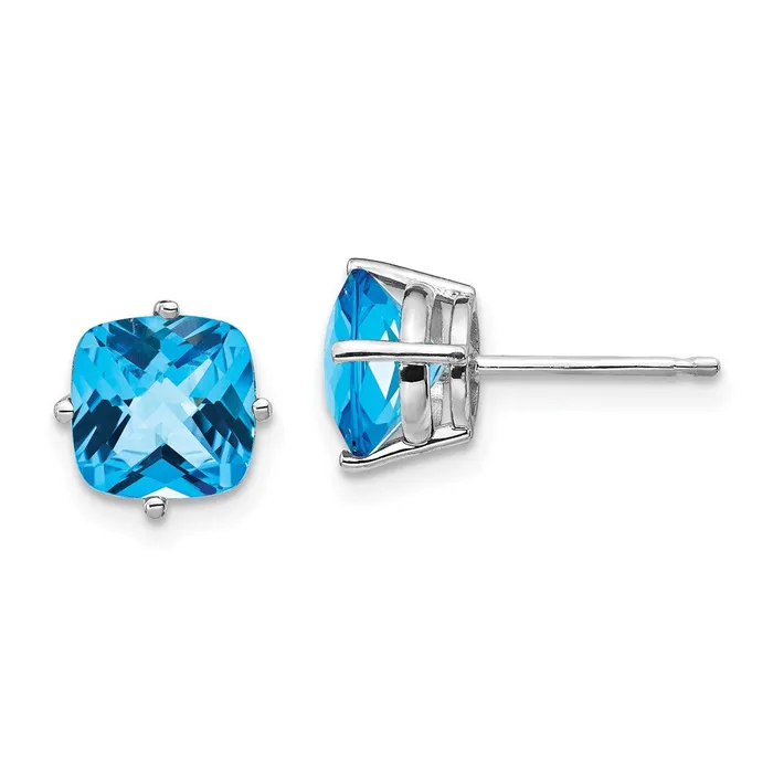 Goldia Earrings 14k White Gold 7x7mm Cushion Blue Topaz Checker Earring