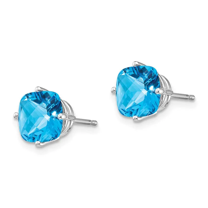 Goldia Earrings 14k White Gold 7x7mm Cushion Blue Topaz Checker Earring
