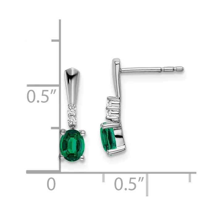 Goldia Earrings 14k White Gold Oval Created Emerald and Real Diamond Dangle Earrings