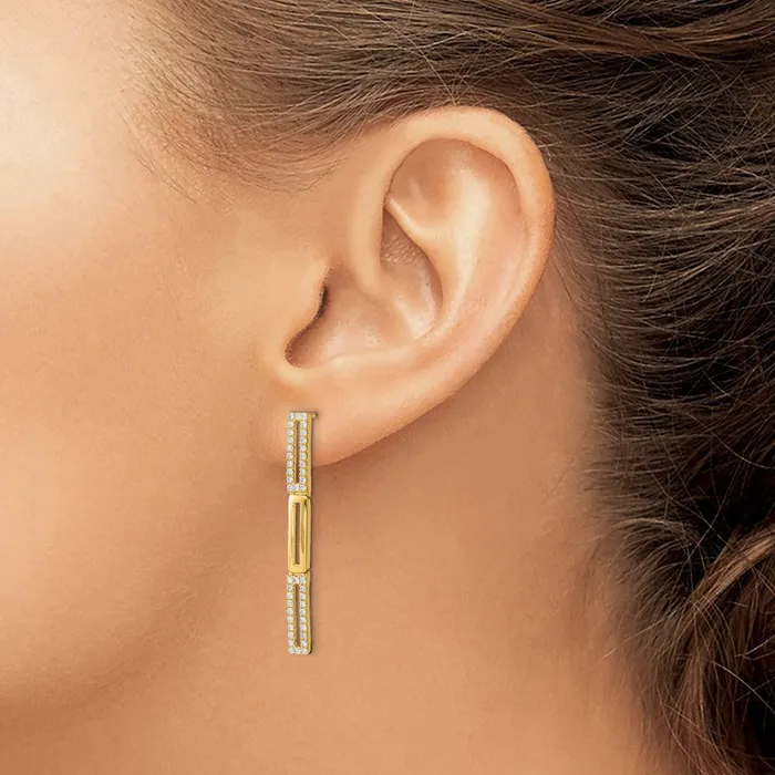 Goldia Earrings 14k Yellow Gold Polished 3 Rectangle Link Real Diamond Post Earrings