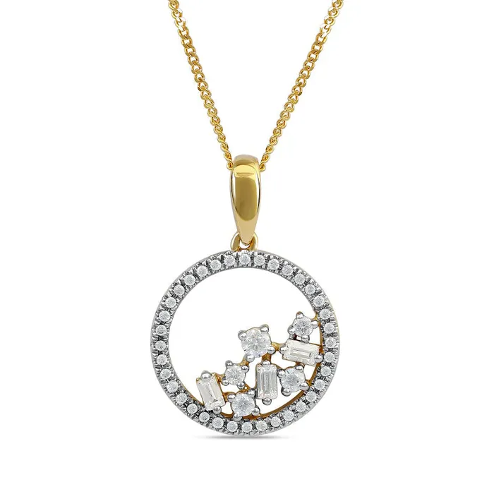 Goldia Necklaces 033 CT TW Baguette and Round Natural Diamond Scatter Circle Pendant in 10K Yellow Gold Goldia Necklaces 033 CT TW Baguette and Round Natural Diamond Scatter Circle Pendant in 10K Yellow Gold
