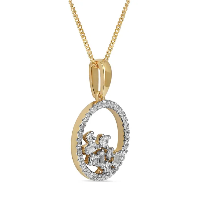 Goldia Necklaces 033 CT TW Baguette and Round Natural Diamond Scatter Circle Pendant in 10K Yellow Gold Goldia Necklaces 033 CT TW Baguette and Round Natural Diamond Scatter Circle Pendant in 10K Yellow Gold