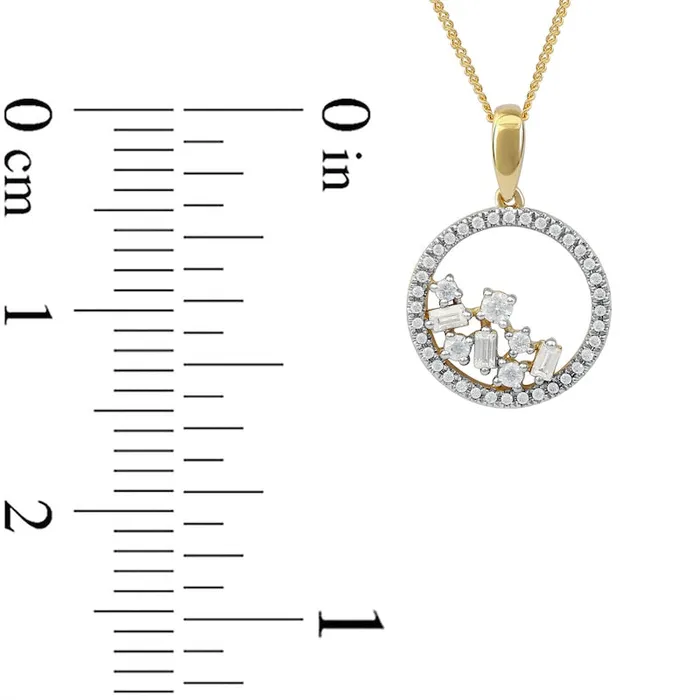 Goldia Necklaces 033 CT TW Baguette and Round Natural Diamond Scatter Circle Pendant in 10K Yellow Gold Goldia Necklaces 033 CT TW Baguette and Round Natural Diamond Scatter Circle Pendant in 10K Yellow Gold
