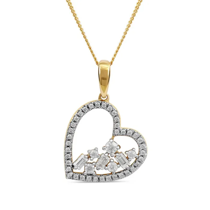 Goldia Necklaces 033 CT TW Baguette and Round Natural Diamond Scatter Tilted Heart Pendant in 10K Yellow Gold Goldia Necklaces 033 CT TW Baguette and Round Natural Diamond Scatter Tilted Heart Pendant in 10K Yellow Gold