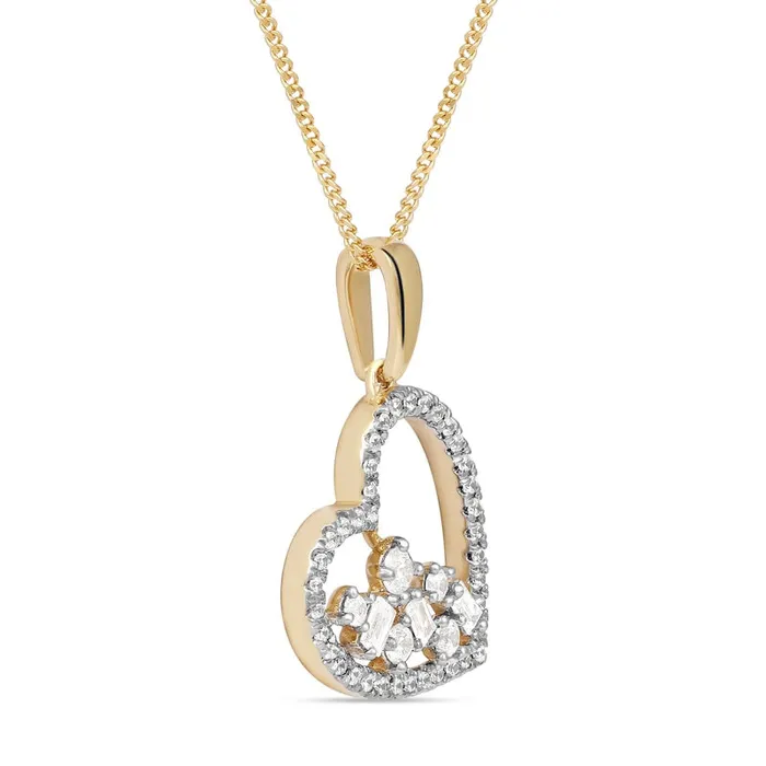 Goldia Necklaces 033 CT TW Baguette and Round Natural Diamond Scatter Tilted Heart Pendant in 10K Yellow Gold Goldia Necklaces 033 CT TW Baguette and Round Natural Diamond Scatter Tilted Heart Pendant in 10K Yellow Gold