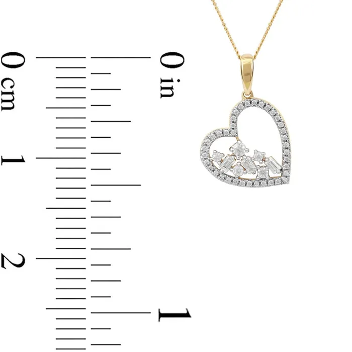 Goldia Necklaces 033 CT TW Baguette and Round Natural Diamond Scatter Tilted Heart Pendant in 10K Yellow Gold Goldia Necklaces 033 CT TW Baguette and Round Natural Diamond Scatter Tilted Heart Pendant in 10K Yellow Gold