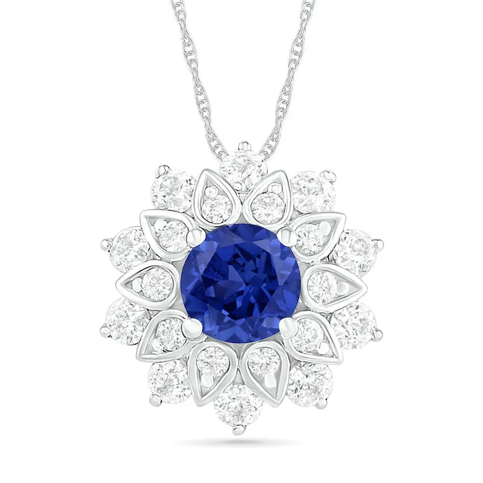 Goldia Necklaces 50mm LabCreated Blue and White Sapphire Frame Flower Pendant in Sterling Silver