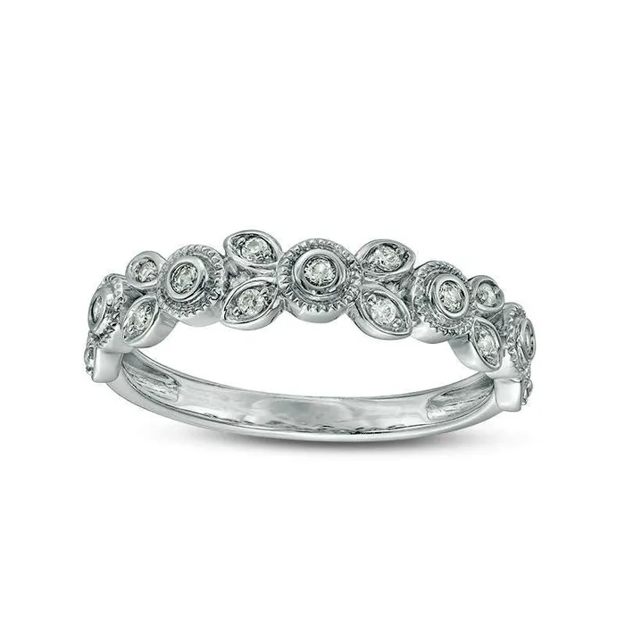 Goldia Rings 010 CT TW Natural Diamond Flower Antique VintageStyle Stackable Band in Solid 10K White Gold Goldia Rings 010 CT TW Natural Diamond Flower Antique VintageStyle Stackable Band in Solid 10K White Gold