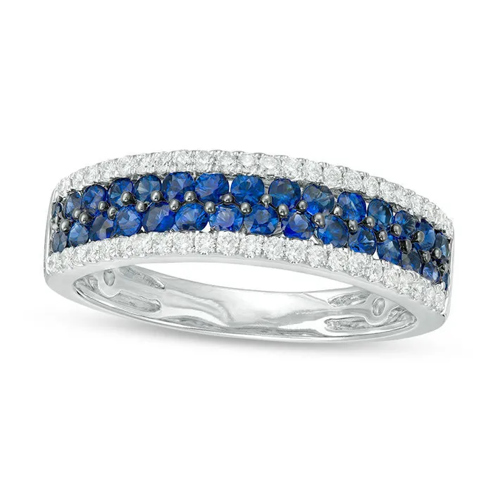 Goldia Rings Blue Sapphire and 025 CT TW Natural Diamond Border MultiRow Ring in Solid 14K White Gold Goldia Rings Blue Sapphire and 025 CT TW Natural Diamond Border MultiRow Ring in Solid 14K White Gold