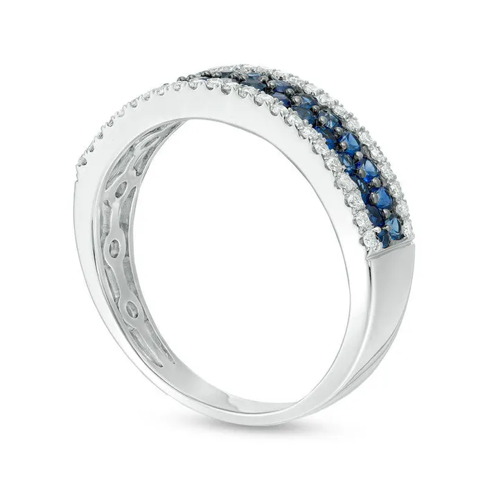 Goldia Rings Blue Sapphire and 025 CT TW Natural Diamond Border MultiRow Ring in Solid 14K White Gold Goldia Rings Blue Sapphire and 025 CT TW Natural Diamond Border MultiRow Ring in Solid 14K White Gold
