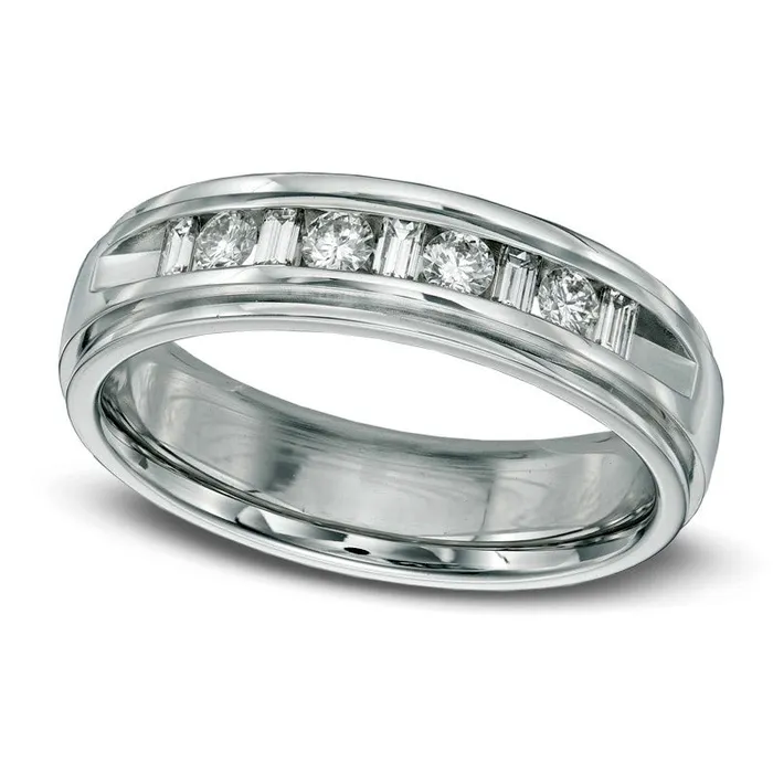 Goldia Rings Mens 050 CT TW Round and Baguette Natural Diamond Wedding Band in Solid 14K White Gold Goldia Rings Mens 050 CT TW Round and Baguette Natural Diamond Wedding Band in Solid 14K White Gold