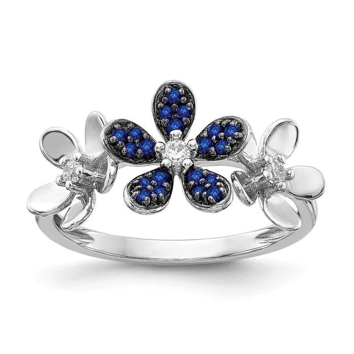 Goldia Rings Solid 14k White Gold Simulated CZ and Sapphire Flower Ring