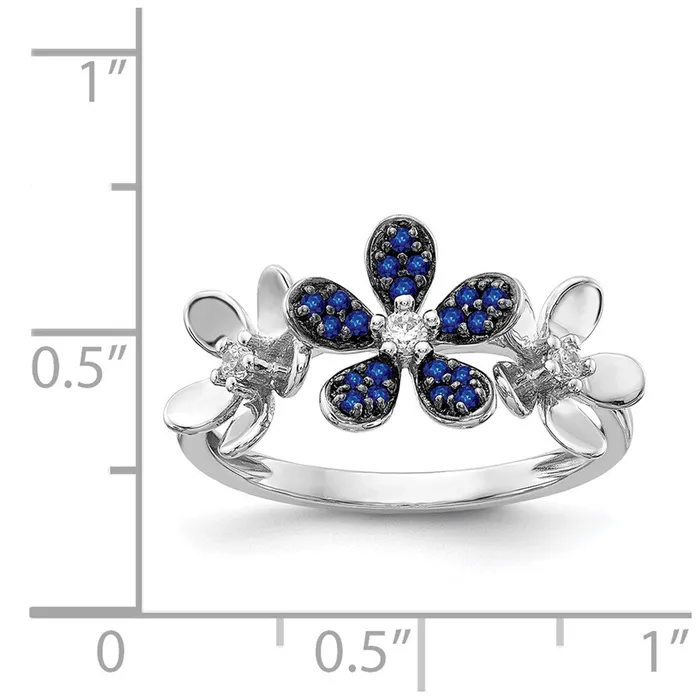 Goldia Rings Solid 14k White Gold Simulated CZ and Sapphire Flower Ring