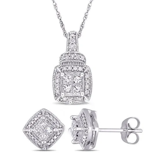 JMS always Original AMOUR 2piece Set Of 58 CT TW Princess and Round Diamond Cluster Stud Earrings and Pendant with Chain In 10K White Gold Earrings JMS always Original AMOUR 2piece Set Of 58 CT TW Princess and Round Diamond Cluster Stud Earrings and Pendant with Chain In 10K White Gold Earrings