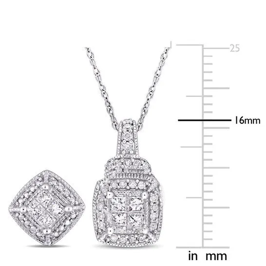 JMS always Original AMOUR 2piece Set Of 58 CT TW Princess and Round Diamond Cluster Stud Earrings and Pendant with Chain In 10K White Gold Earrings JMS always Original AMOUR 2piece Set Of 58 CT TW Princess and Round Diamond Cluster Stud Earrings and Pendant with Chain In 10K White Gold Earrings