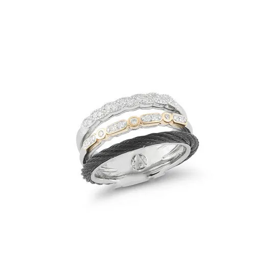 JMS always Rings Original ALOR Layered Black Cable Ring with 18kt White Yellow Diamonds JMS always Rings Original ALOR Layered Black Cable Ring with 18kt White Yellow Diamonds