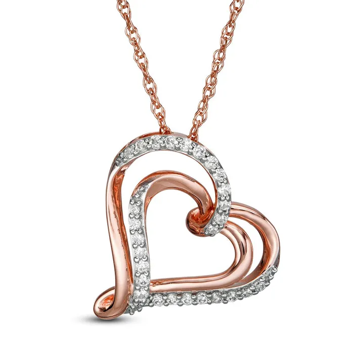 Necklaces Goldia 025 CT TW Natural Diamond Double Tilted Heart Pendant in 10K Rose Gold