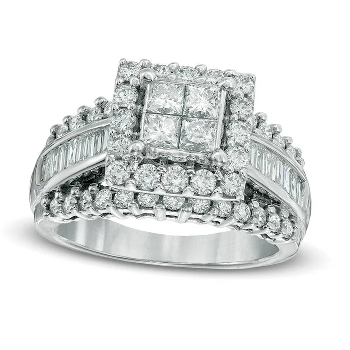 Previously Owned 20 CT TW Quad PrincessCut and Baguette Natural Diamond Engagement Ring in Solid 14K White Gold Goldia Rings Previously Owned 20 CT TW Quad PrincessCut and Baguette Natural Diamond Engagement Ring in Solid 14K White Gold Goldia Rings