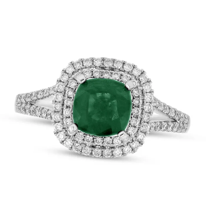 Rings 60mm CushionCut Emerald and 038 CT TW Natural Diamond Double Frame Split Shank Engagement Ring in Solid 14K White Gold Goldia Rings 60mm CushionCut Emerald and 038 CT TW Natural Diamond Double Frame Split Shank Engagement Ring in Solid 14K White Gold Goldia