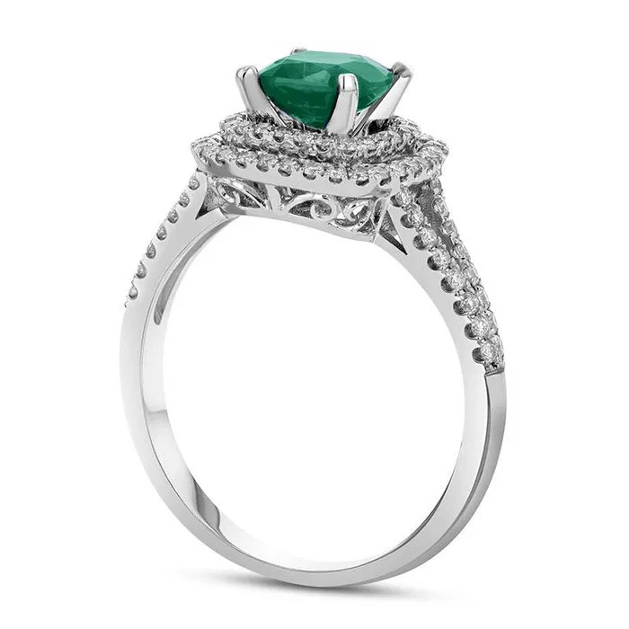 Rings 60mm CushionCut Emerald and 038 CT TW Natural Diamond Double Frame Split Shank Engagement Ring in Solid 14K White Gold Goldia Rings 60mm CushionCut Emerald and 038 CT TW Natural Diamond Double Frame Split Shank Engagement Ring in Solid 14K White Gold Goldia