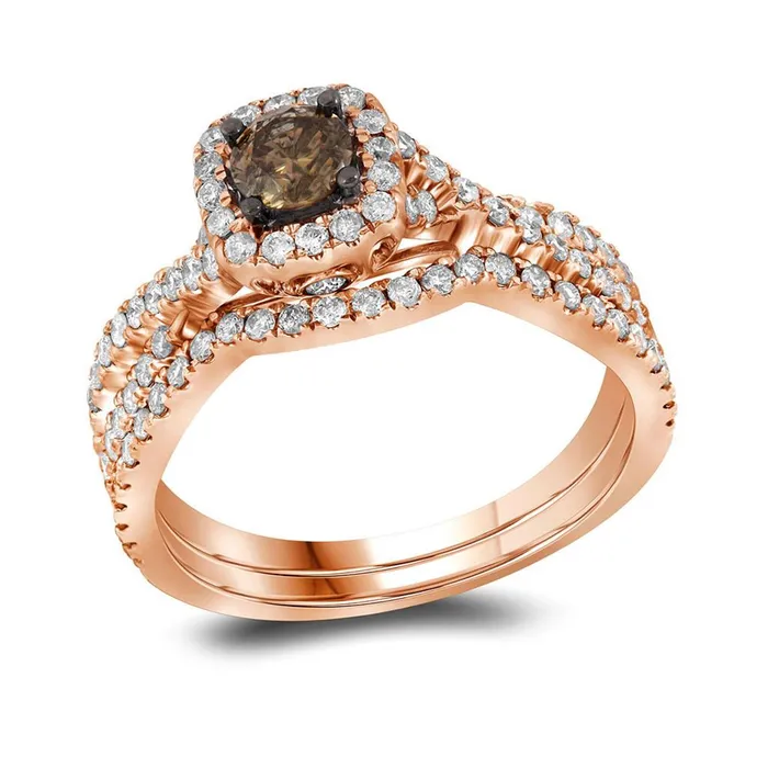 Rings gndatlanta 14k Rose Gold Round Brown Diamond Bridal Wedding Ring Set 1Cttw