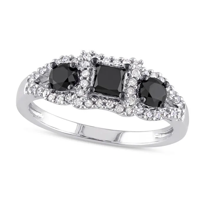 Rings Goldia 10 CT TW PrincessCut Enhanced Black and White Natural Diamond Three Stone Frame Engagement Ring in Solid 10K White Gold Rings Goldia 10 CT TW PrincessCut Enhanced Black and White Natural Diamond Three Stone Frame Engagement Ring in Solid 10K White Gold