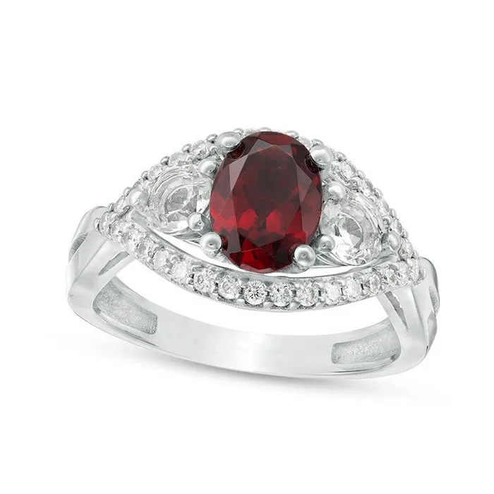 Rings Goldia Oval Garnet White Topaz and 025 CT TW Natural Diamond Three Stone Frame Crossover Shank Ring in Solid 10K White Gold Rings Goldia Oval Garnet White Topaz and 025 CT TW Natural Diamond Three Stone Frame Crossover Shank Ring in Solid 10K White Gold
