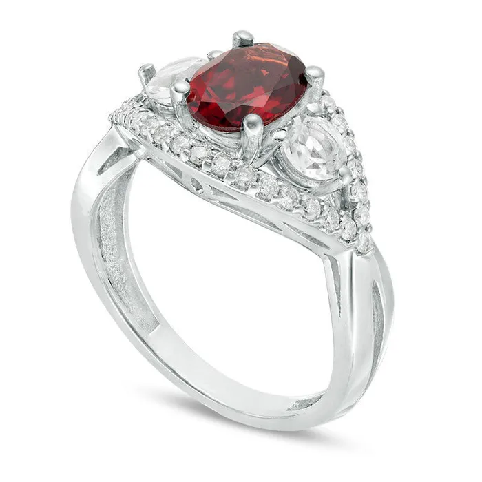 Rings Goldia Oval Garnet White Topaz and 025 CT TW Natural Diamond Three Stone Frame Crossover Shank Ring in Solid 10K White Gold Rings Goldia Oval Garnet White Topaz and 025 CT TW Natural Diamond Three Stone Frame Crossover Shank Ring in Solid 10K White Gold