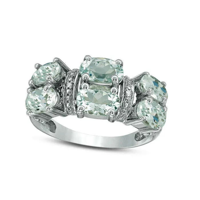 Rings Oval Aquamarine and Natural Diamond Accent Six Stone Ring in Solid 10K White Gold Goldia Rings Oval Aquamarine and Natural Diamond Accent Six Stone Ring in Solid 10K White Gold Goldia