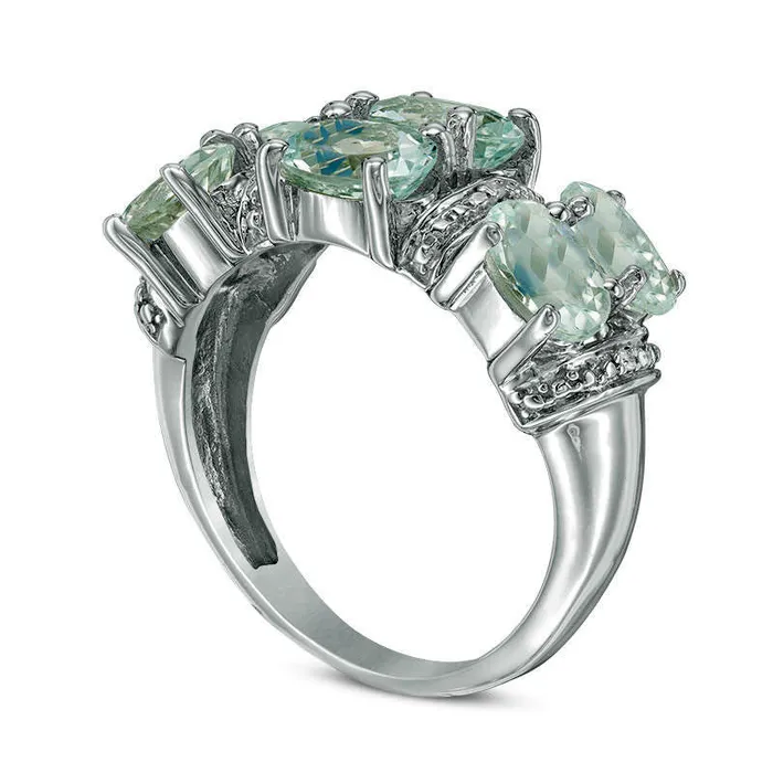 Rings Oval Aquamarine and Natural Diamond Accent Six Stone Ring in Solid 10K White Gold Goldia Rings Oval Aquamarine and Natural Diamond Accent Six Stone Ring in Solid 10K White Gold Goldia