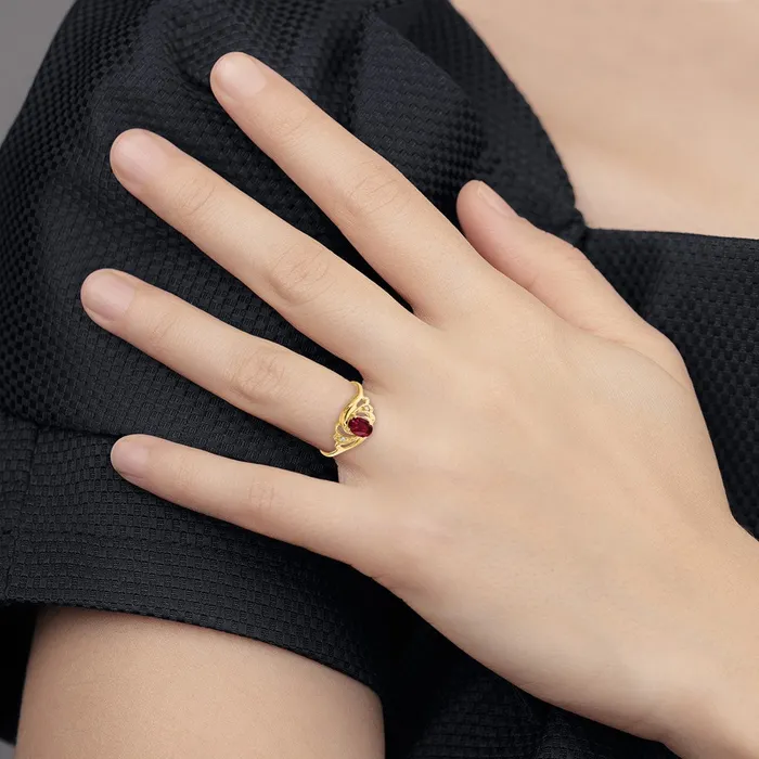 Solid 14k Yellow Gold 6x4mm Oval Created Simulated Ruby A CZ Ring Goldia Rings