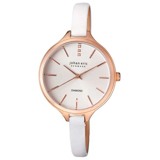 Watches JMS always Original Johan Eric Herlev Slim Rose Goldtone Case White Leather Diamond Accents Ladies Watch JE210009001 Watches JMS always Original Johan Eric Herlev Slim Rose Goldtone Case White Leather Diamond Accents Ladies Watch JE210009001