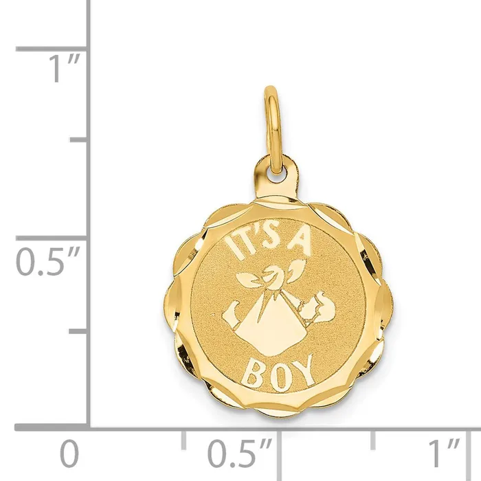 14k Yellow Gold Polished ITS A BOY Scalloped Disc Charm TreasureFineJewelers Charm Necklaces