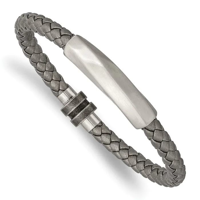 Bracelets TreasureFineJewelers Chisel Stainless Steel Antiqued and Brushed Grey Leather 825 inch Bracelet Bracelets TreasureFineJewelers Chisel Stainless Steel Antiqued and Brushed Grey Leather 825 inch Bracelet