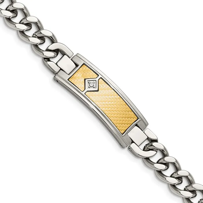 Chisel Stainless Steel Polished with 18k Gold Weave Texture and 05 carat Diamond 9 inch ID Bracelet TreasureFineJewelers Bracelets Chisel Stainless Steel Polished with 18k Gold Weave Texture and 05 carat Diamond 9 inch ID Bracelet TreasureFineJewelers Bracelets