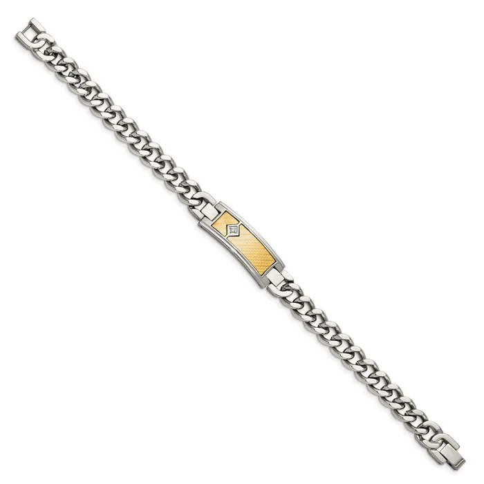 Chisel Stainless Steel Polished with 18k Gold Weave Texture and 05 carat Diamond 9 inch ID Bracelet TreasureFineJewelers Bracelets