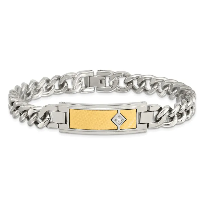 Chisel Stainless Steel Polished with 18k Gold Weave Texture and 05 carat Diamond 9 inch ID Bracelet TreasureFineJewelers Bracelets