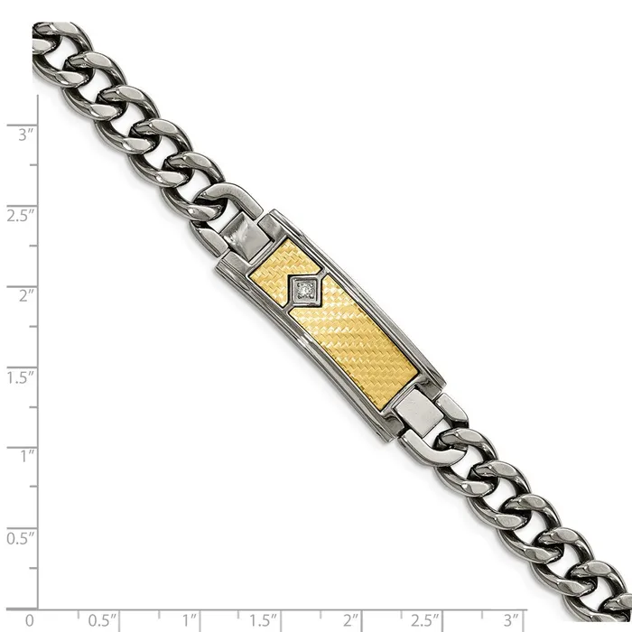 Chisel Stainless Steel Polished with 18k Gold Weave Texture and 05 carat Diamond 9 inch ID Bracelet TreasureFineJewelers Bracelets