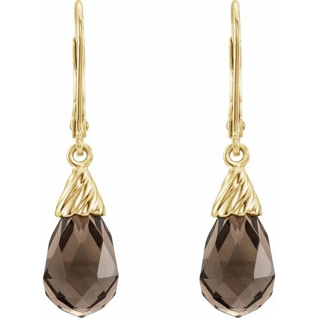 Earrings 14K Yellow Gold Natural Smoky Quartz Briolette Lever Back Earrings TreasureFineJewelers