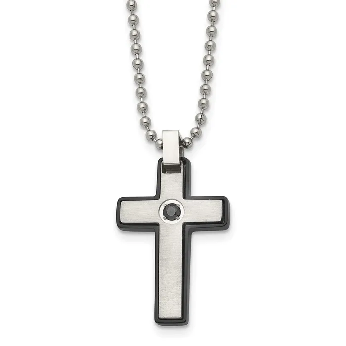 Necklaces Chisel Stainless Steel Brushed and Polished Black IPplated CZ Cross Pendant on a 20 inch Ball Chain Necklace TreasureFineJewelers Necklaces Chisel Stainless Steel Brushed and Polished Black IPplated CZ Cross Pendant on a 20 inch Ball Chain Necklace TreasureFineJewelers