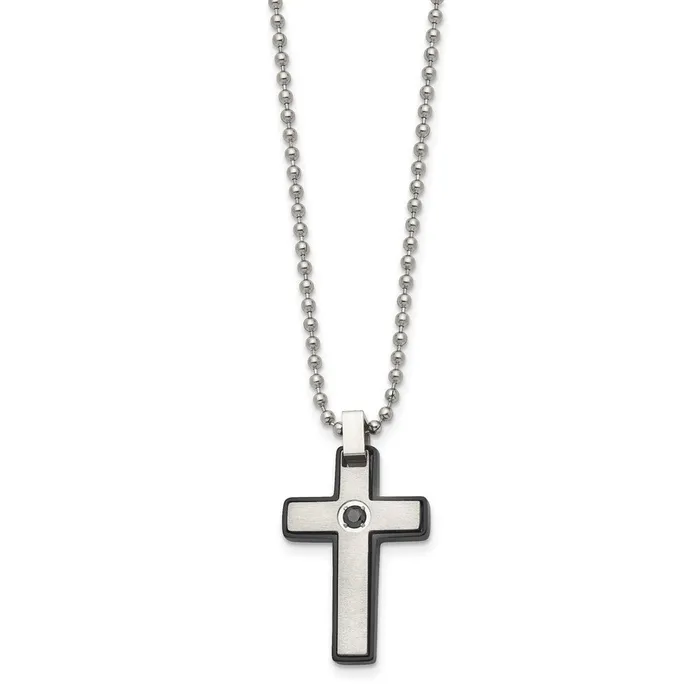 Necklaces Chisel Stainless Steel Brushed and Polished Black IPplated CZ Cross Pendant on a 20 inch Ball Chain Necklace TreasureFineJewelers