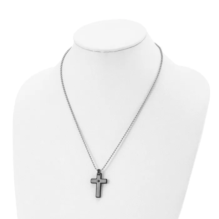 Necklaces Chisel Stainless Steel Brushed and Polished Black IPplated CZ Cross Pendant on a 20 inch Ball Chain Necklace TreasureFineJewelers