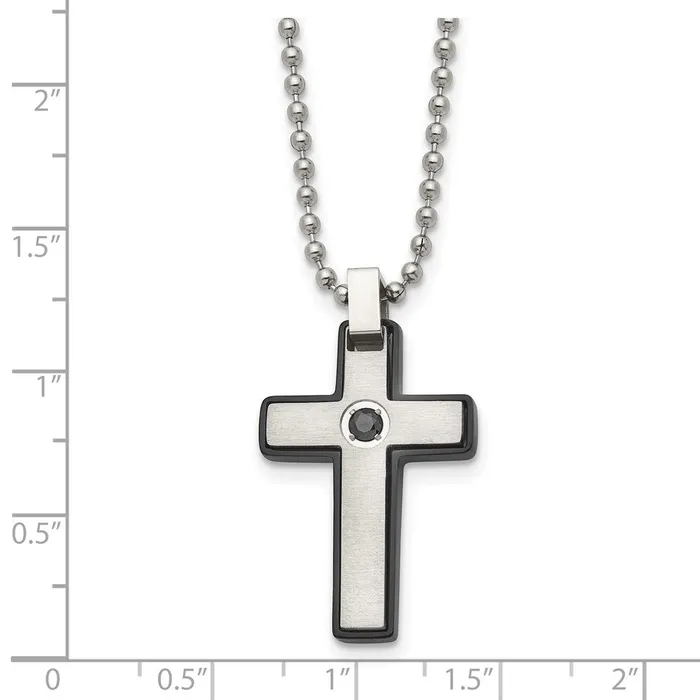 Necklaces Chisel Stainless Steel Brushed and Polished Black IPplated CZ Cross Pendant on a 20 inch Ball Chain Necklace TreasureFineJewelers