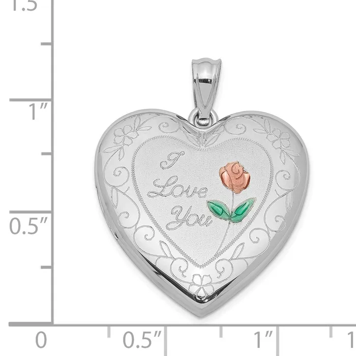 Rings Sterling Silver Rhodiumplated 24mm Enameled Rose with Border Heart Locket TreasureFineJewelers